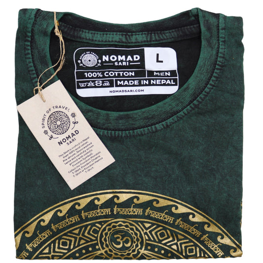 Large green stone washed t-shirt featuring a central chakra design in a relaxed nomad sari style.