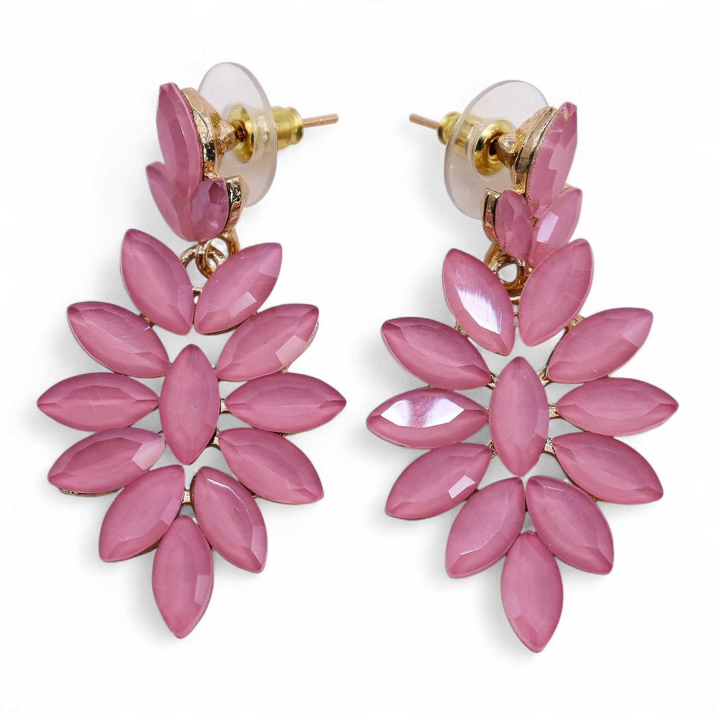 Long drop earrings featuring luminous soft pink vintage glass beads on stainless steel hooks.
