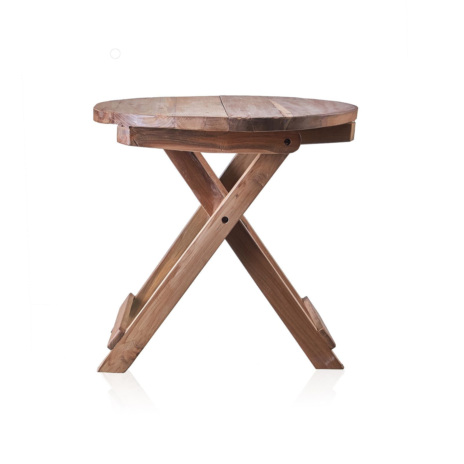 Handcrafted round folding coffee table made from rustic recycled teak wood with three sturdy legs.