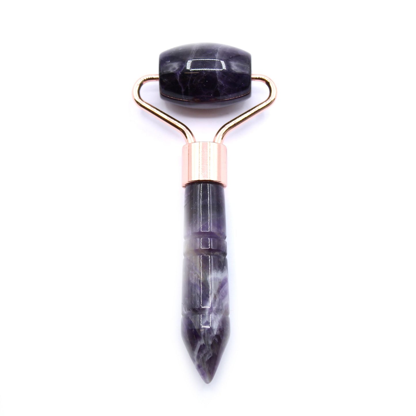 Small purple amethyst gemstone face roller with a silver-toned handle on a white background.