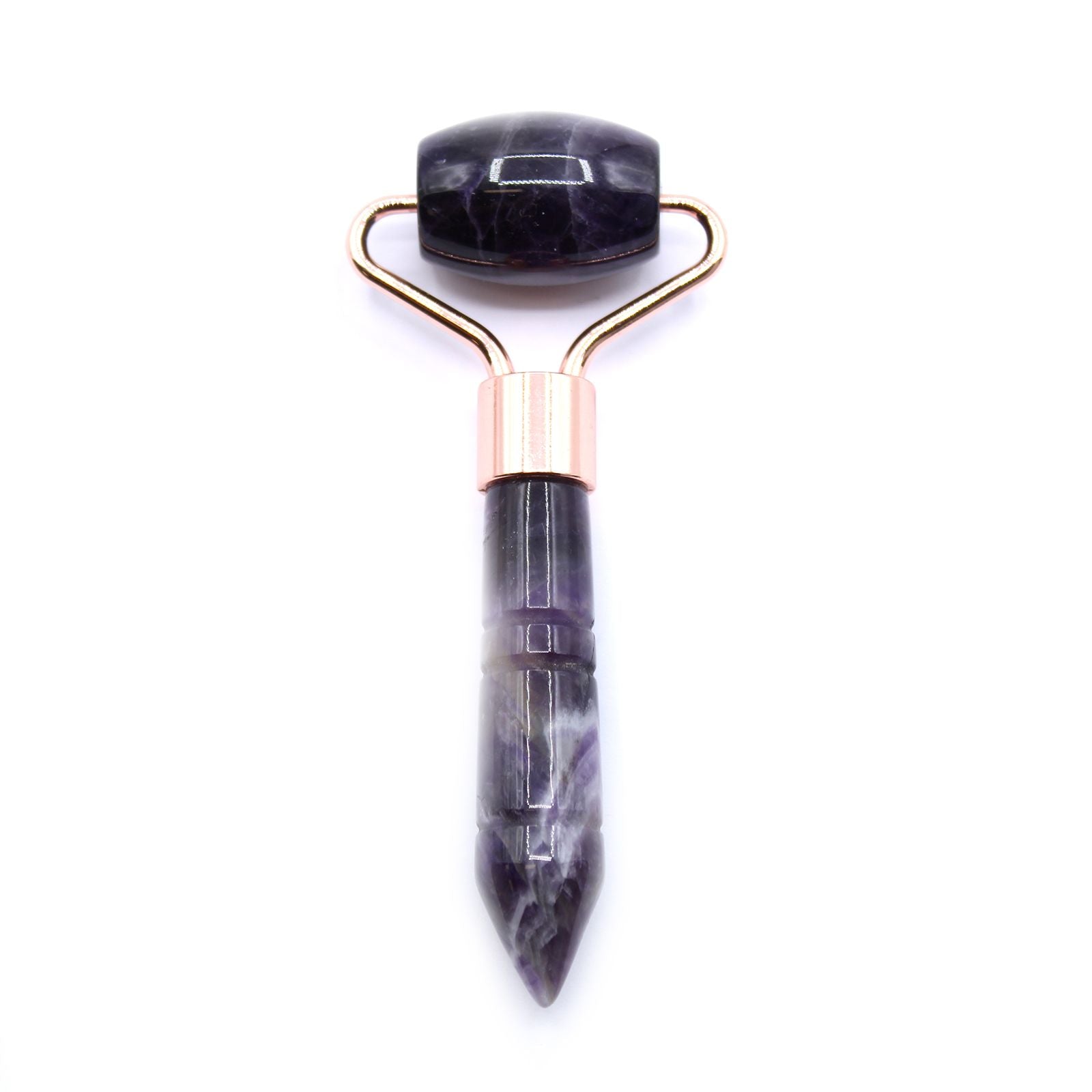 Small purple amethyst gemstone face roller with a silver-toned handle on a white background.