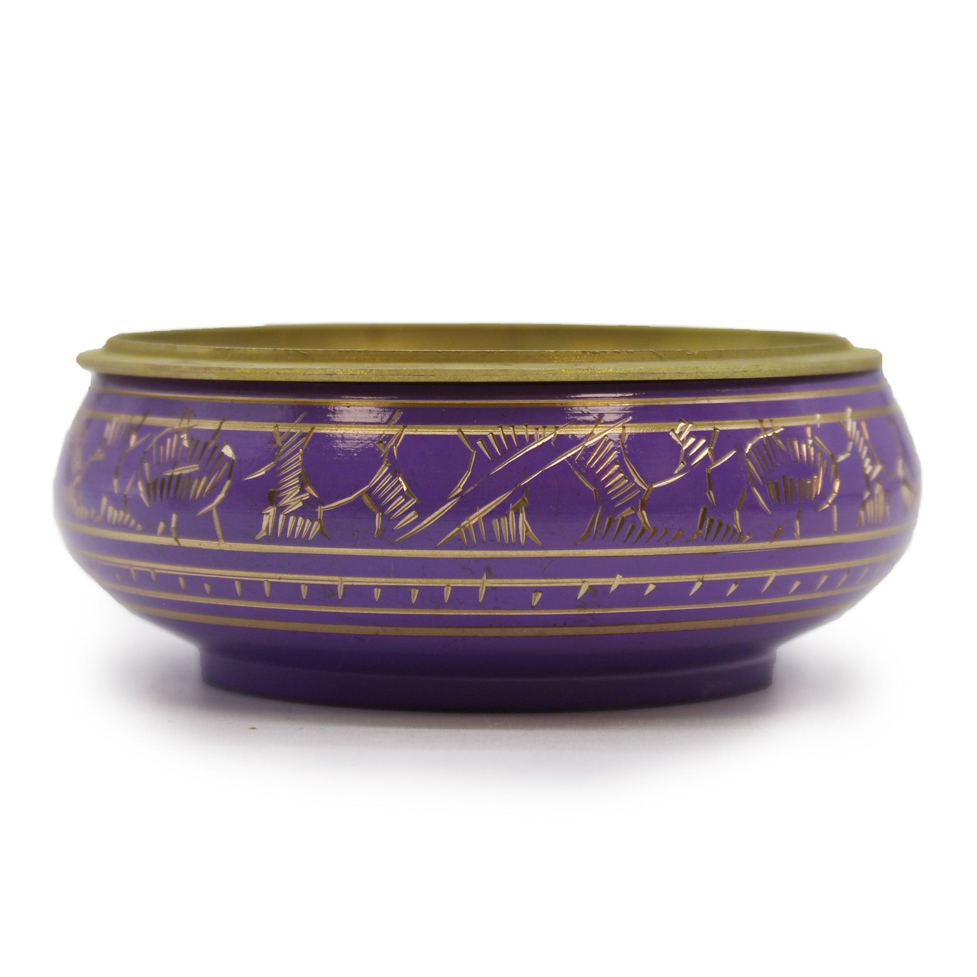 Handmade purple charcoal incense jar with golden patterns and a removable metal grate.