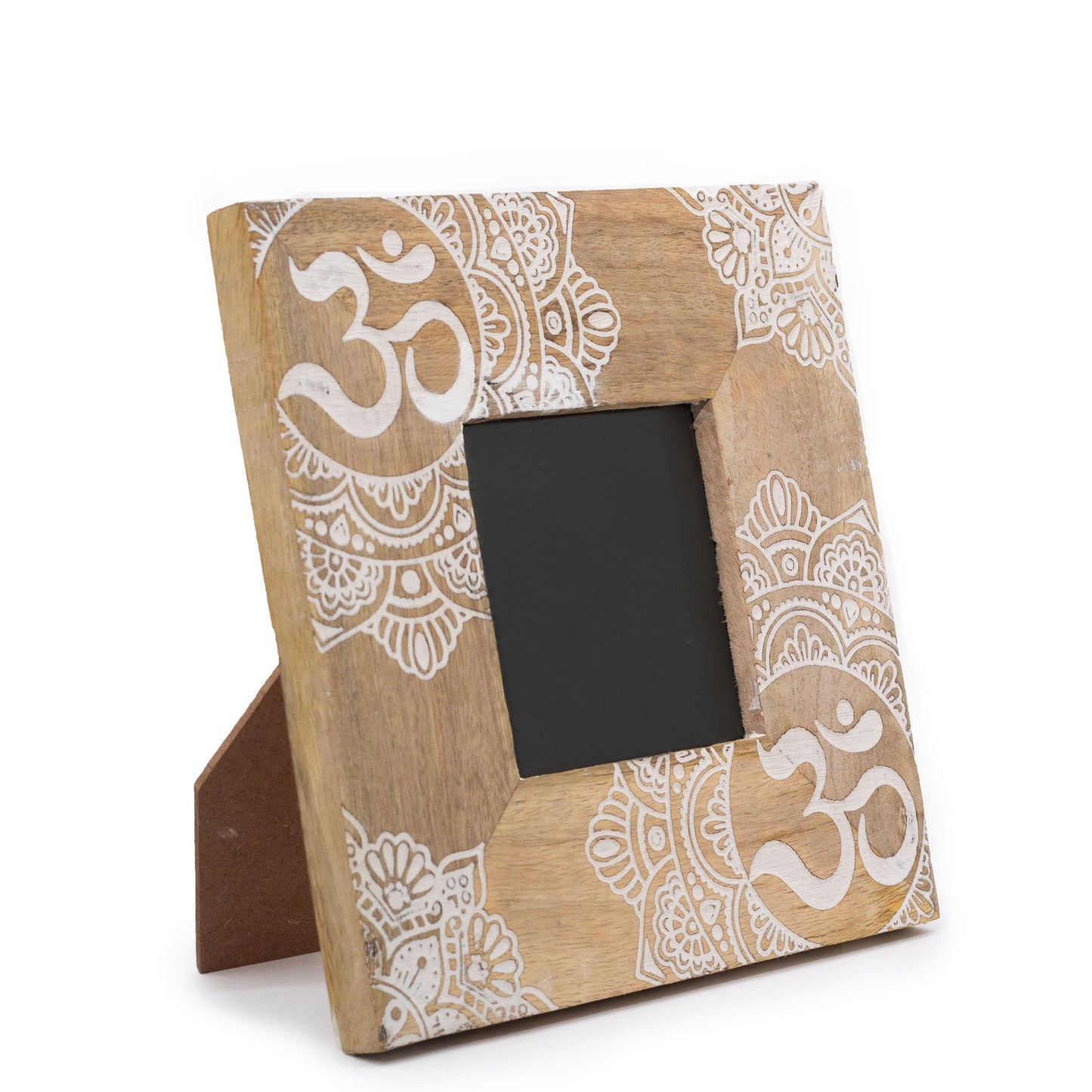 Square white mango wood picture frame featuring an intricate hand-carved mandala design and a rustic finish.