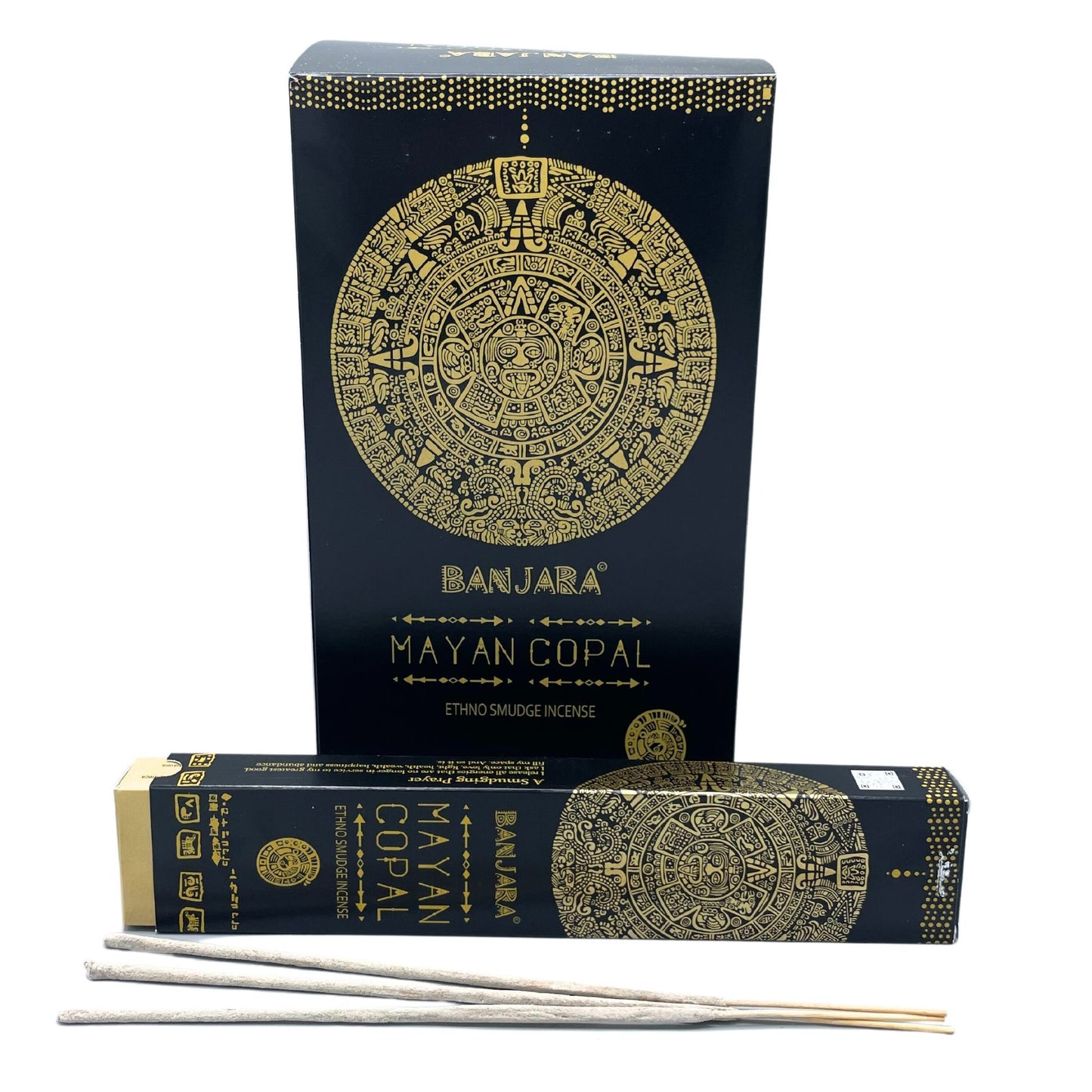 Handcrafted tribal smudge incense sticks with Mayan Copal resin and decorative tribal artwork packaging.
