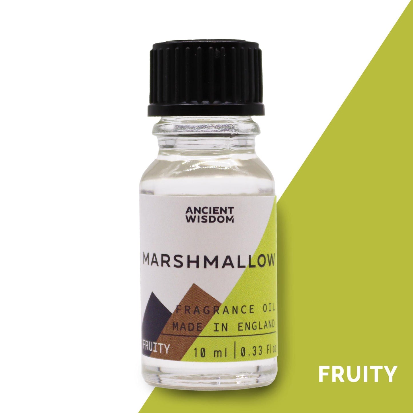 A small amber glass bottle of marshmallow scented fragrance oil with a black dropper cap.
