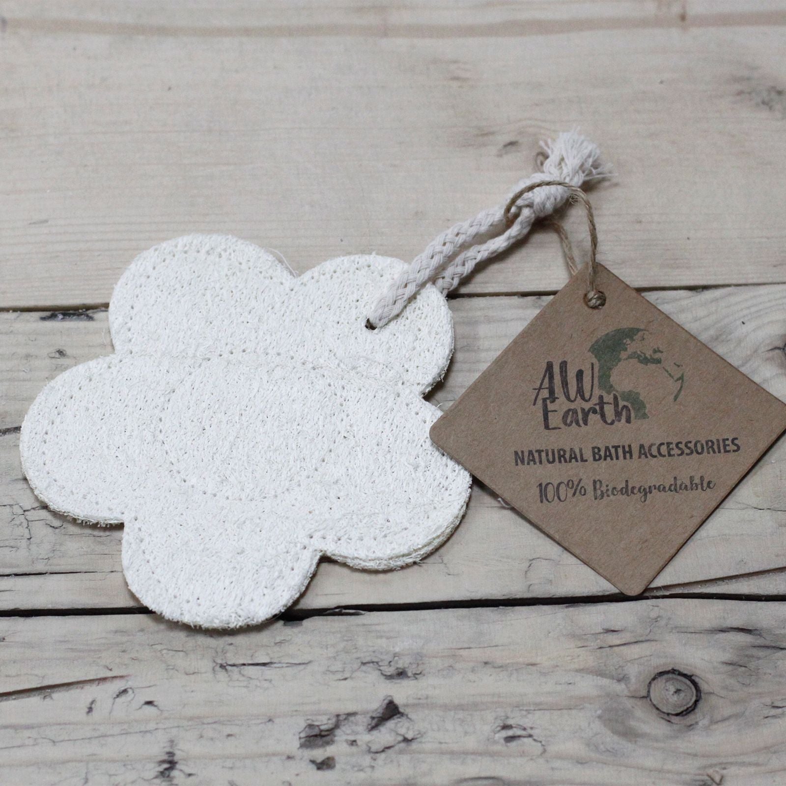 Natural fibrous flower-shaped loofah sponge for gentle skin exfoliation and cleansing.