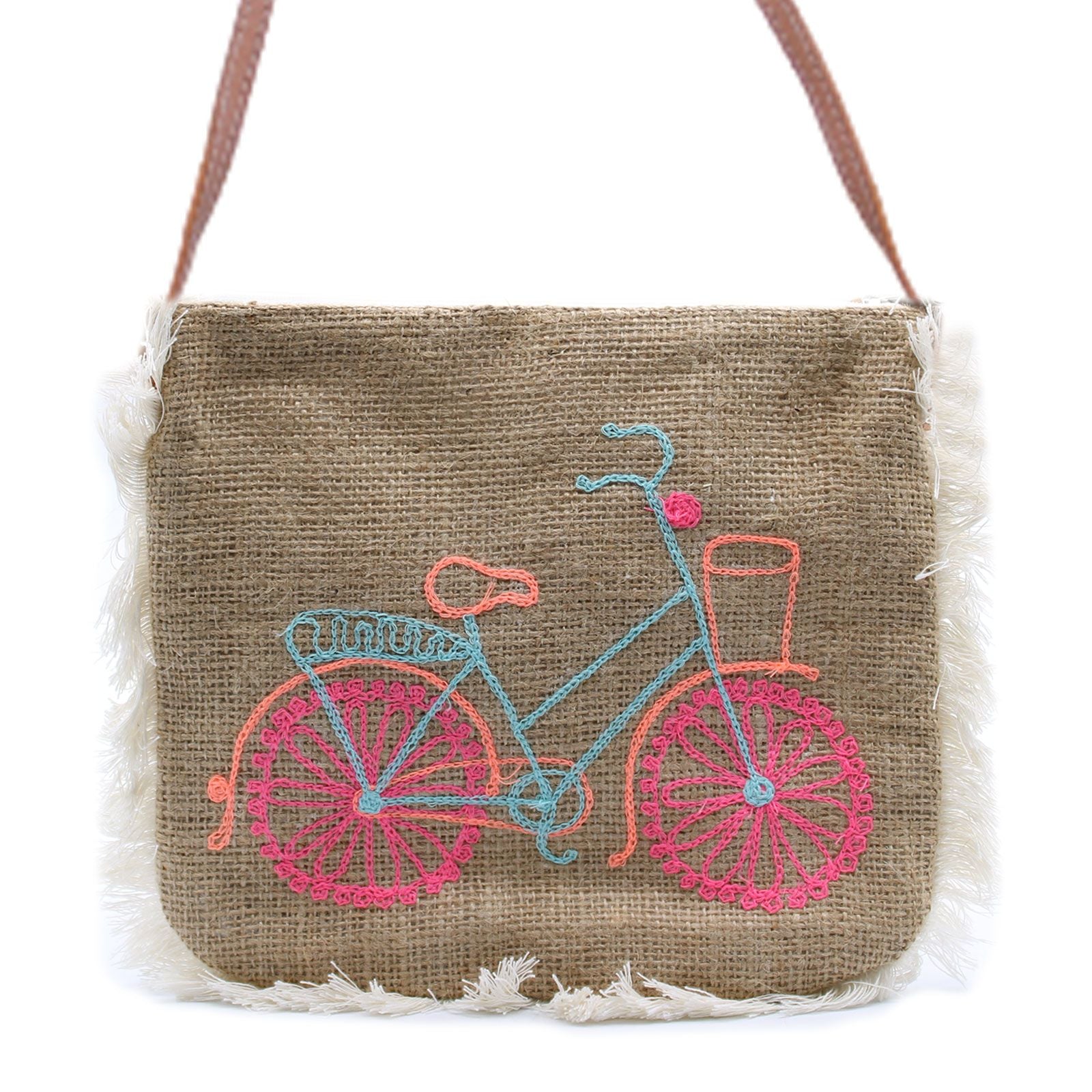 Natural jute shoulder bag featuring an embroidered bicycle design with a long brown strap and cotton fringe trim.