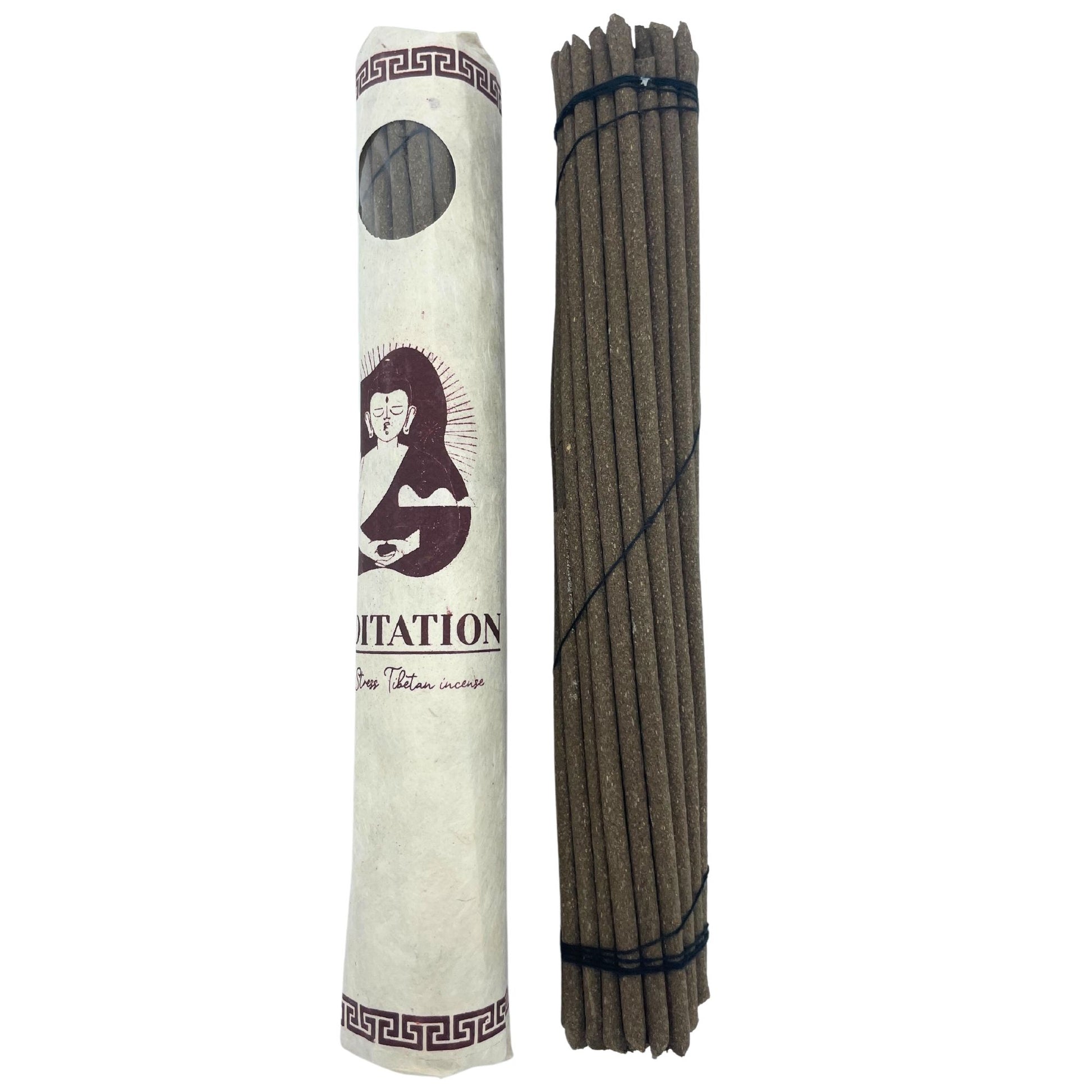 A rolled pack of thirty hand-rolled Tibetan incense sticks for meditation, made from natural ingredients.