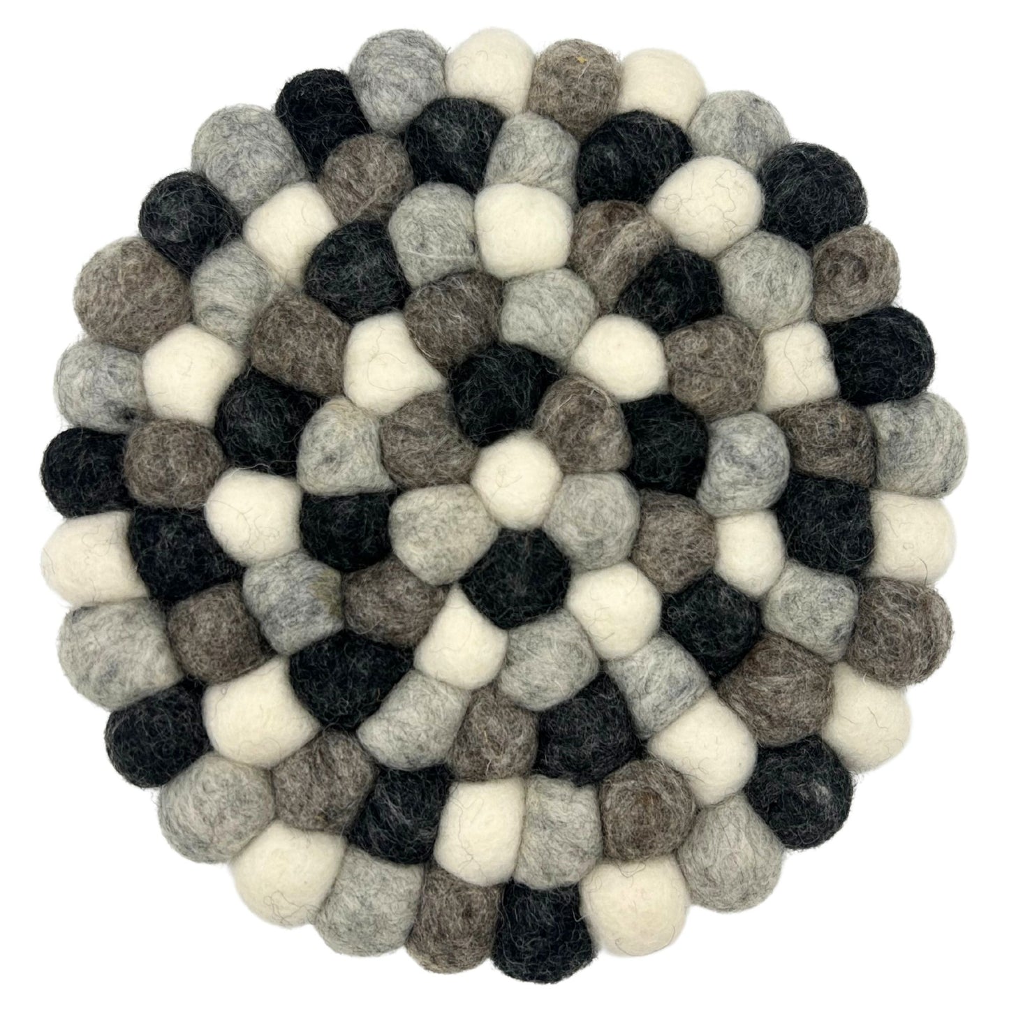 Round handmade placemat created from small felted wool balls in various shades of grey, arranged in a circular pattern.