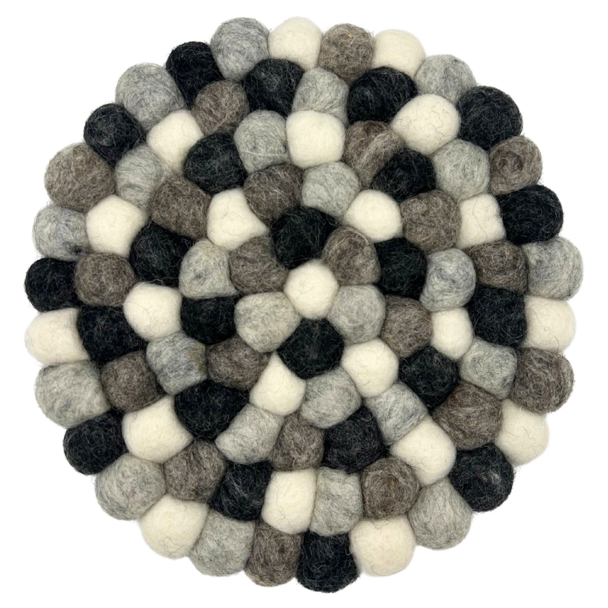 Round handmade placemat created from small felted wool balls in various shades of grey, arranged in a circular pattern.