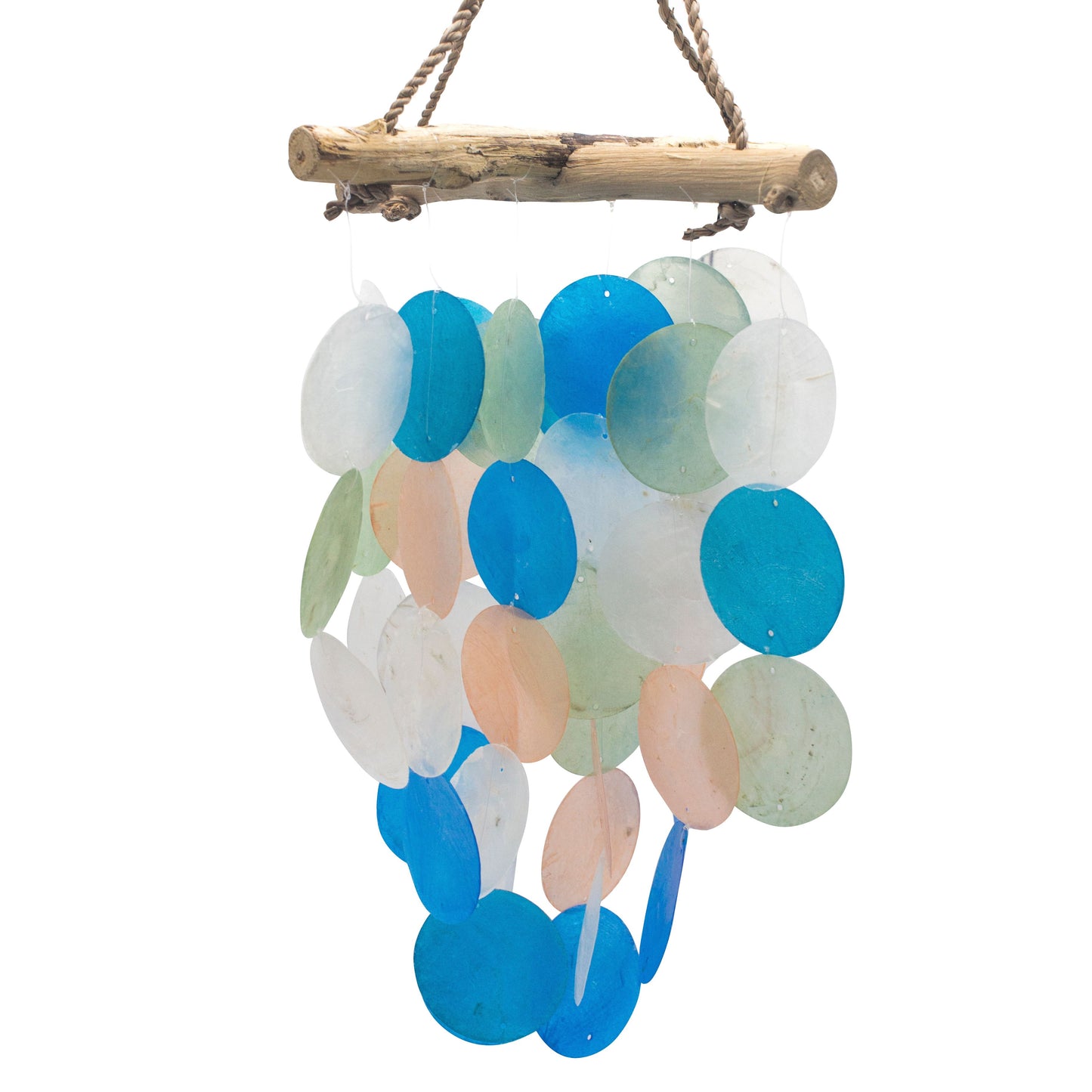 Handcrafted driftwood wind chime featuring a cross design with blue and pearl Capiz shells.
