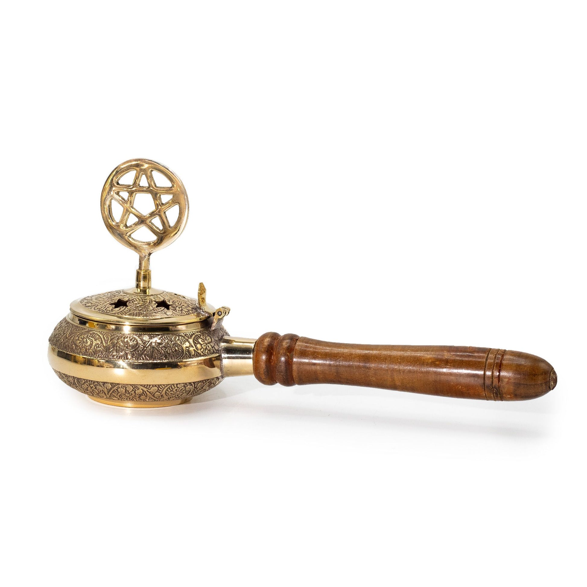 Ornate brass incense censer with engraved star vents, a pentagram finial, and a polished protective wooden handle.