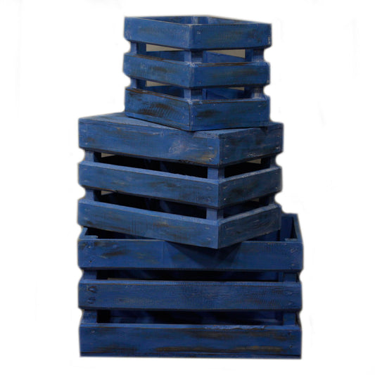 Set of three rustic wooden storage crates with a blue wash finish, stacked together.