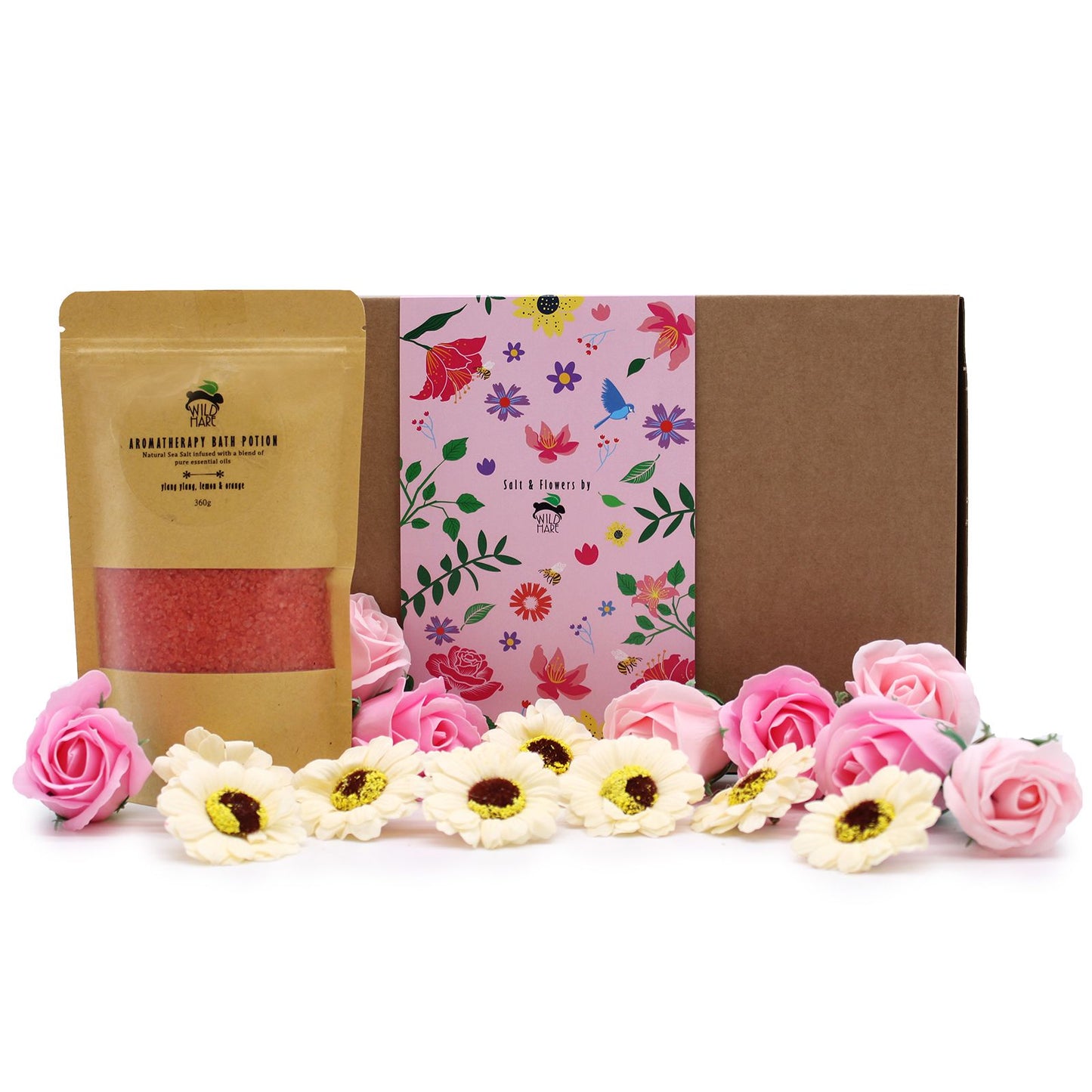 Elegant gift box containing orange bath salts, eight yellow soap sunflowers, and eight pink soap roses.