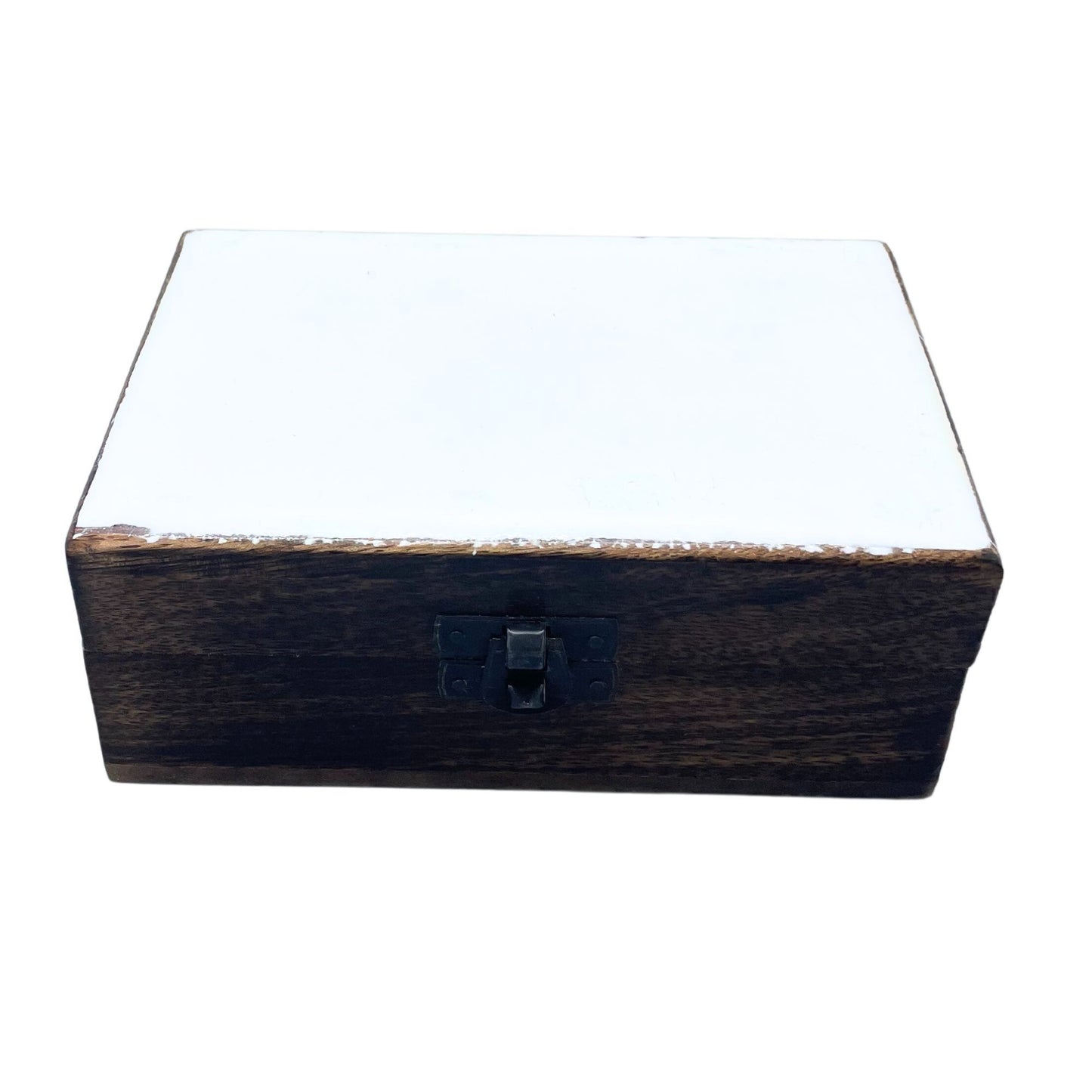 Elegant medium-sized wooden storage box with a glossy white ceramic glazed lid and natural wood base.