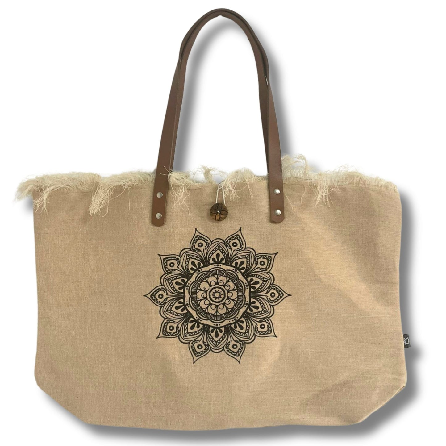 Natural fabric tote bag featuring a sacred geometry Flower of Life symbol and brown leather handles.