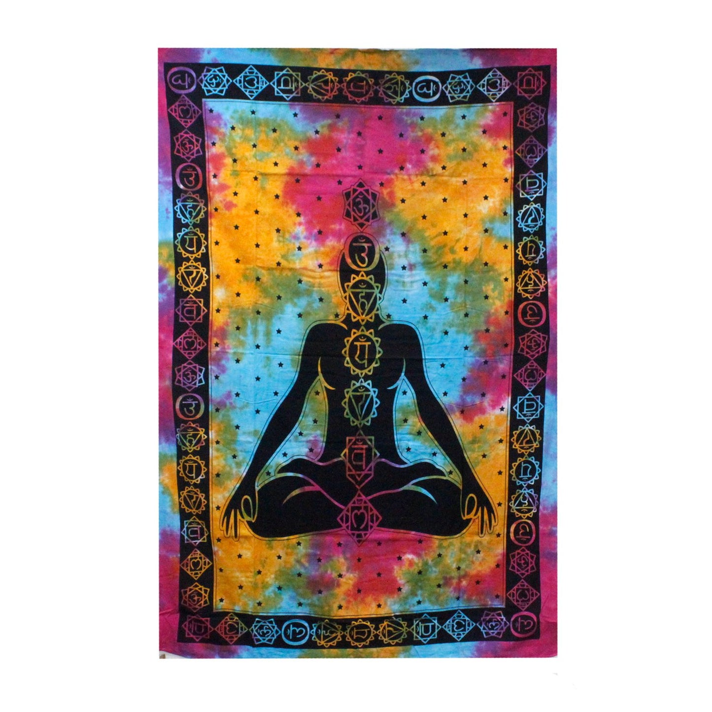 Single cotton bedspread and wall hanging featuring a vibrant Chakra Buddha design, handmade in India.