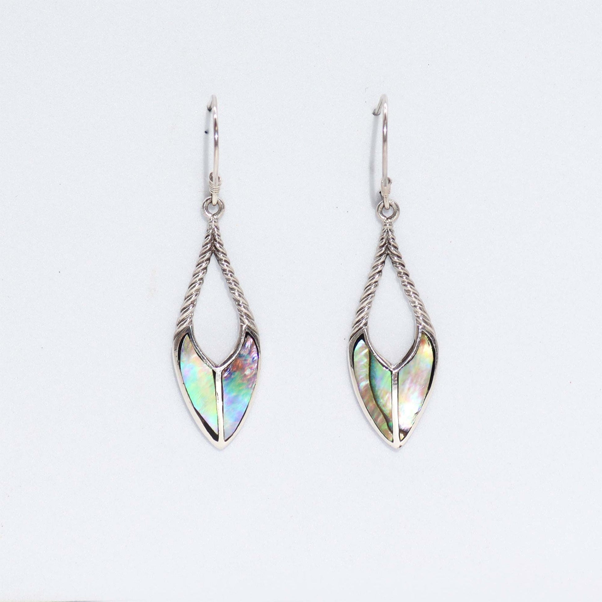 Elegant spear-shaped drop earrings featuring iridescent abalone shell set in polished sterling silver.