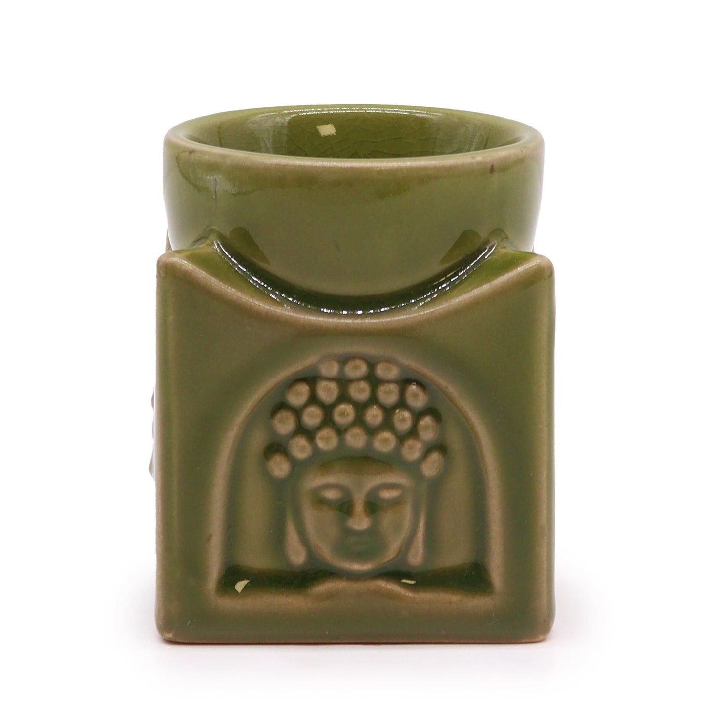 Elegant square-shaped ceramic oil burner in a light jade green finish featuring a carved Buddha face.