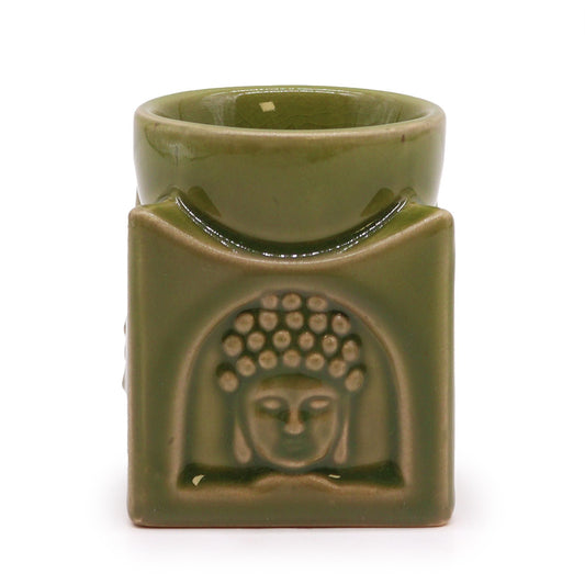 Elegant square-shaped ceramic oil burner in a light jade green finish featuring a carved Buddha face.