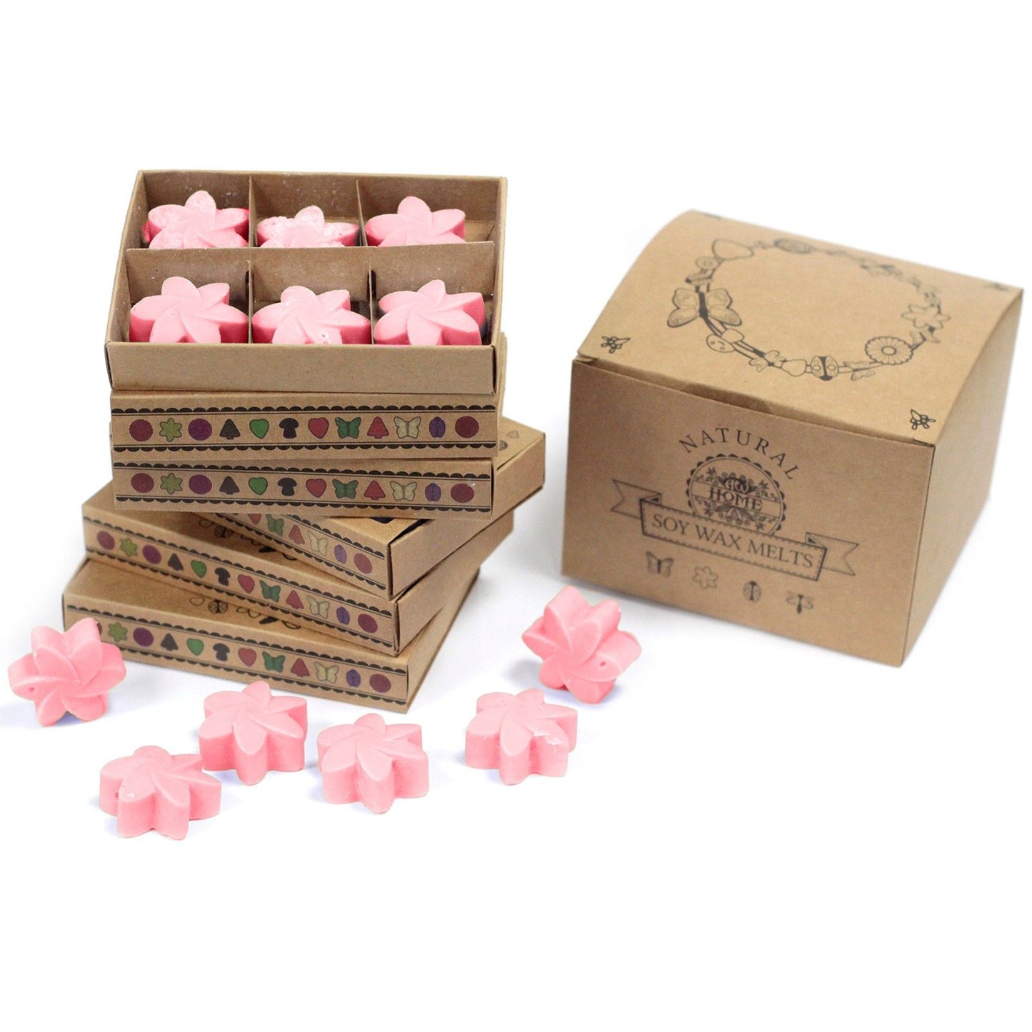Six heart-shaped pink rose scented soy wax melts arranged in a decorative matchbox style gift box.
