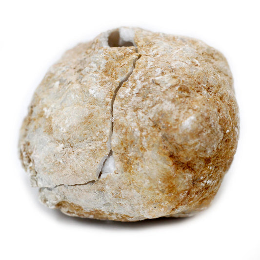Large natural calcite geode with a hollow sparkling crystalline interior and a rough earthy outer shell.