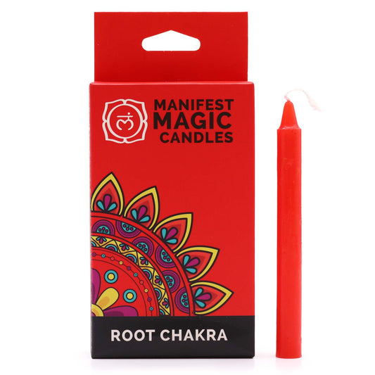 Pack of twelve slender red ritual candles designed for root chakra meditation and manifestation practices.
