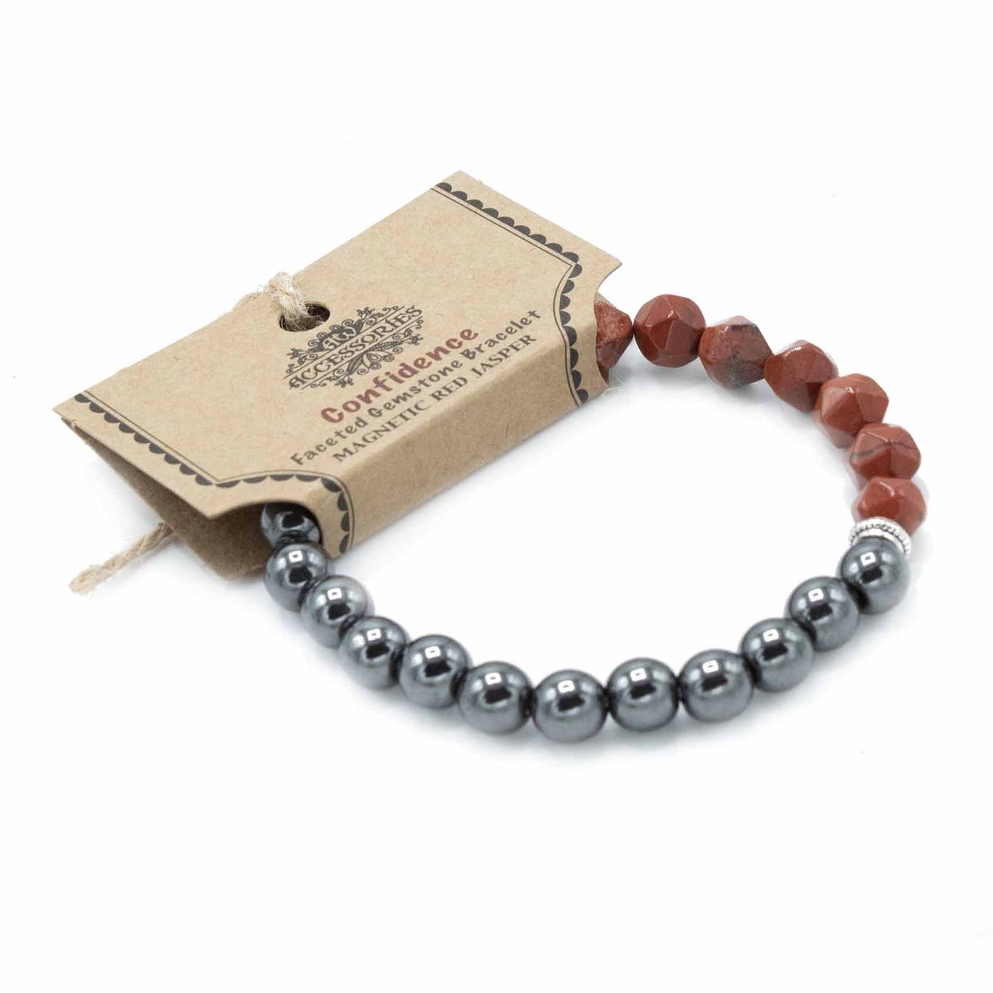Close-up of a sparkling faceted red jasper gemstone bracelet with small polished beads reflecting light.