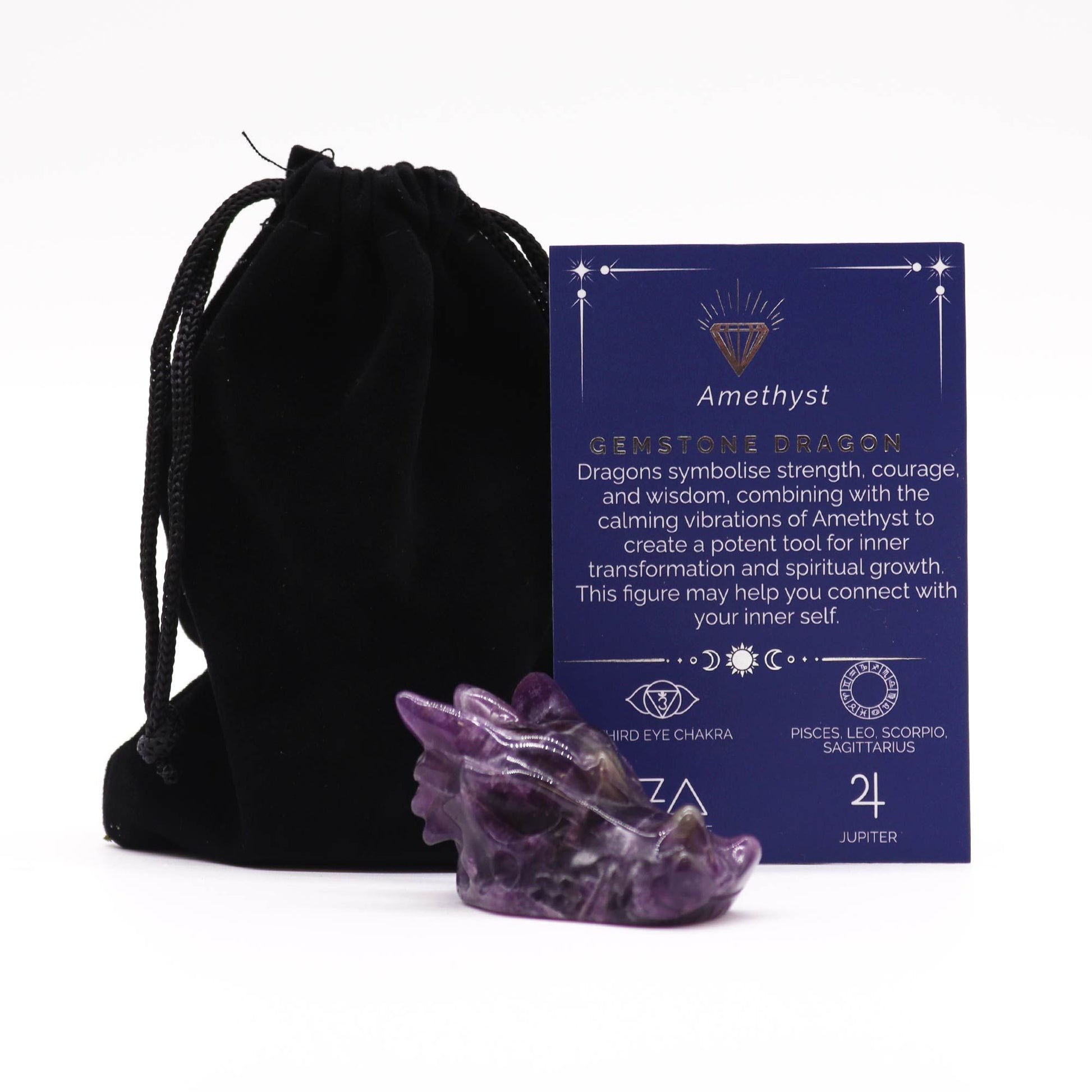 Small hand-carved purple Amethyst gemstone figurine shaped like a detailed dragon head.