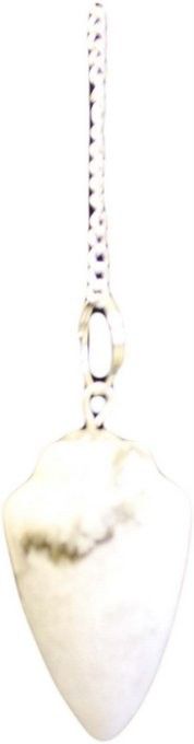 A polished rainbow moonstone gemstone pendulum on a silver-coloured chain, showing ethereal blue flashes and inclusions.