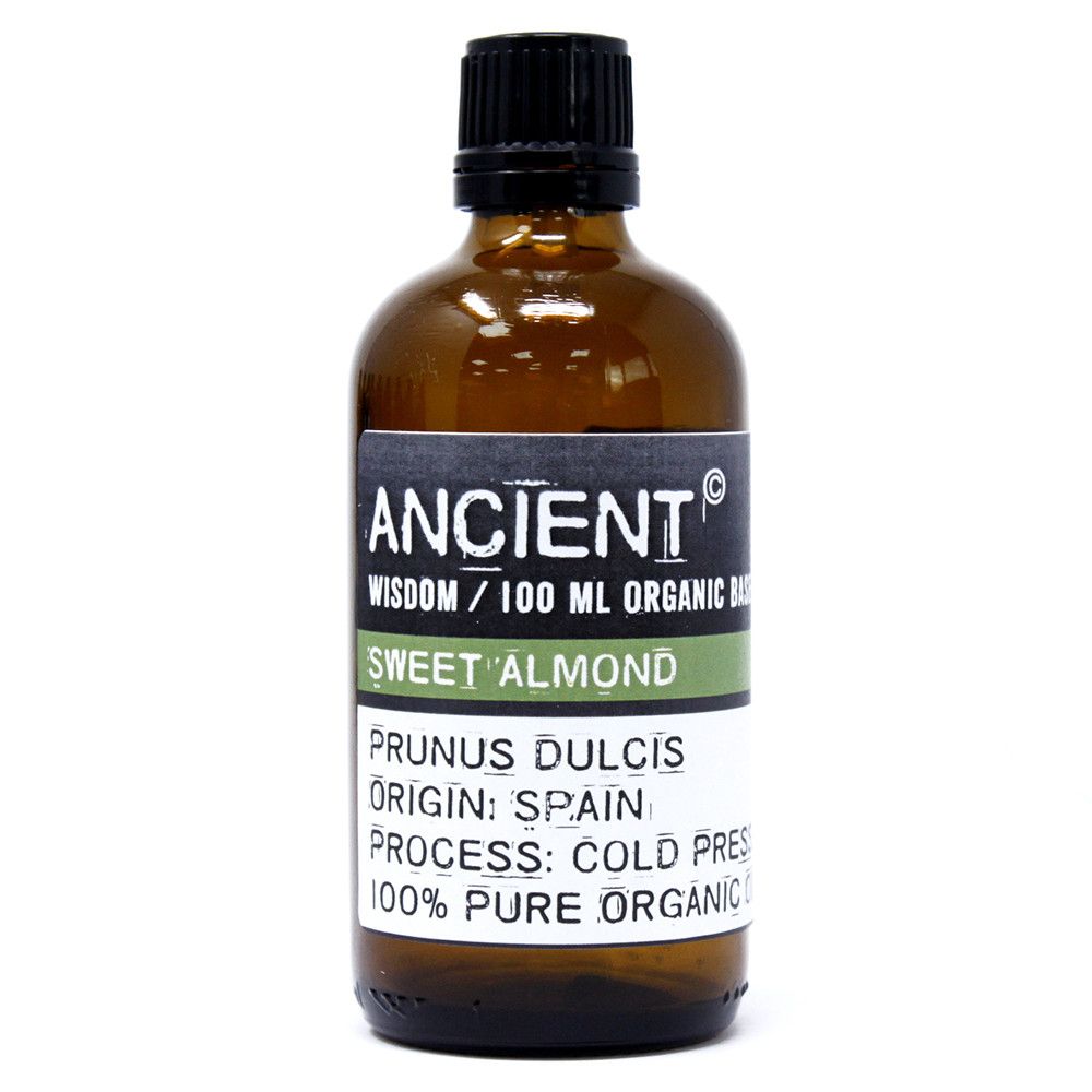 Clear 100ml bottle of pale golden organic sweet almond base oil for aromatherapy and skincare.
