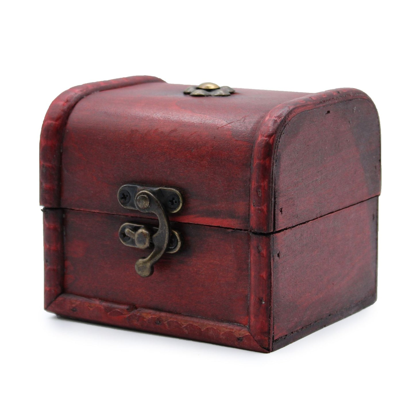 Small antique-style wooden chest featuring a curved lid, brass fittings, and a distressed vintage finish.