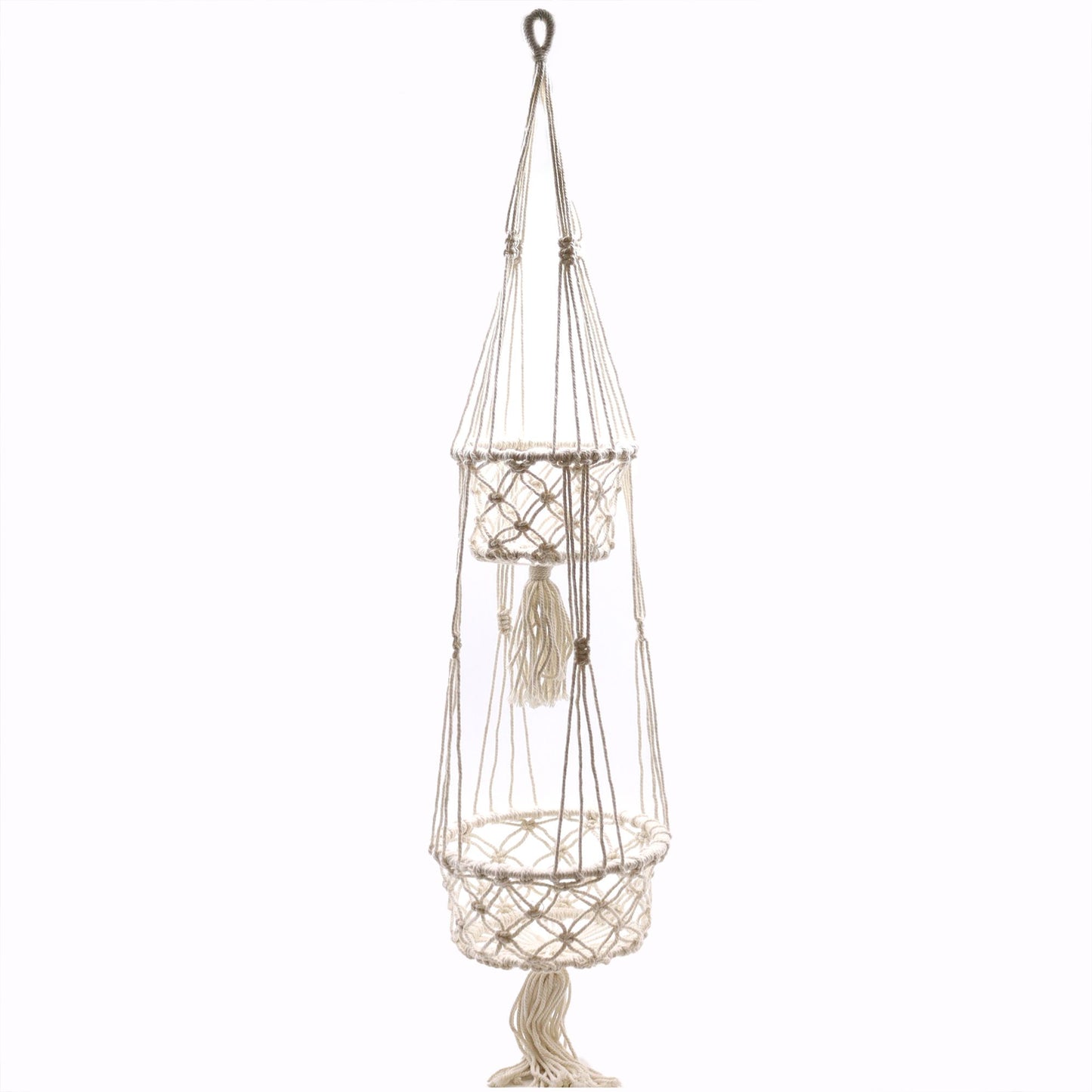 Handcrafted cream-coloured macrame double plant hanger featuring intricate knotted patterns and wooden rings for hanging.