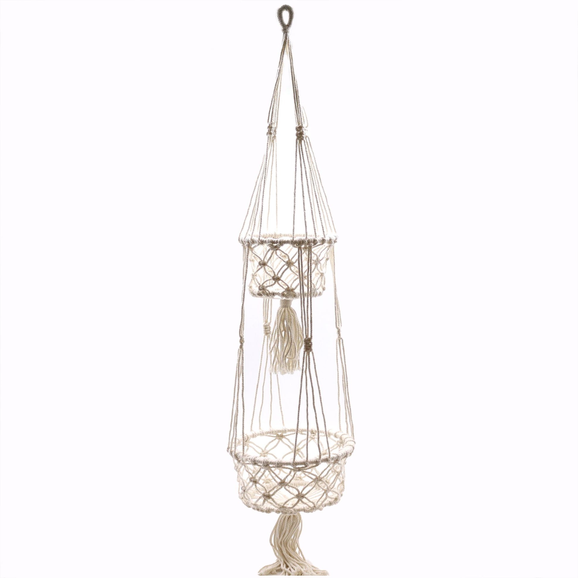 Handcrafted cream-coloured macrame double plant hanger featuring intricate knotted patterns and wooden rings for hanging.