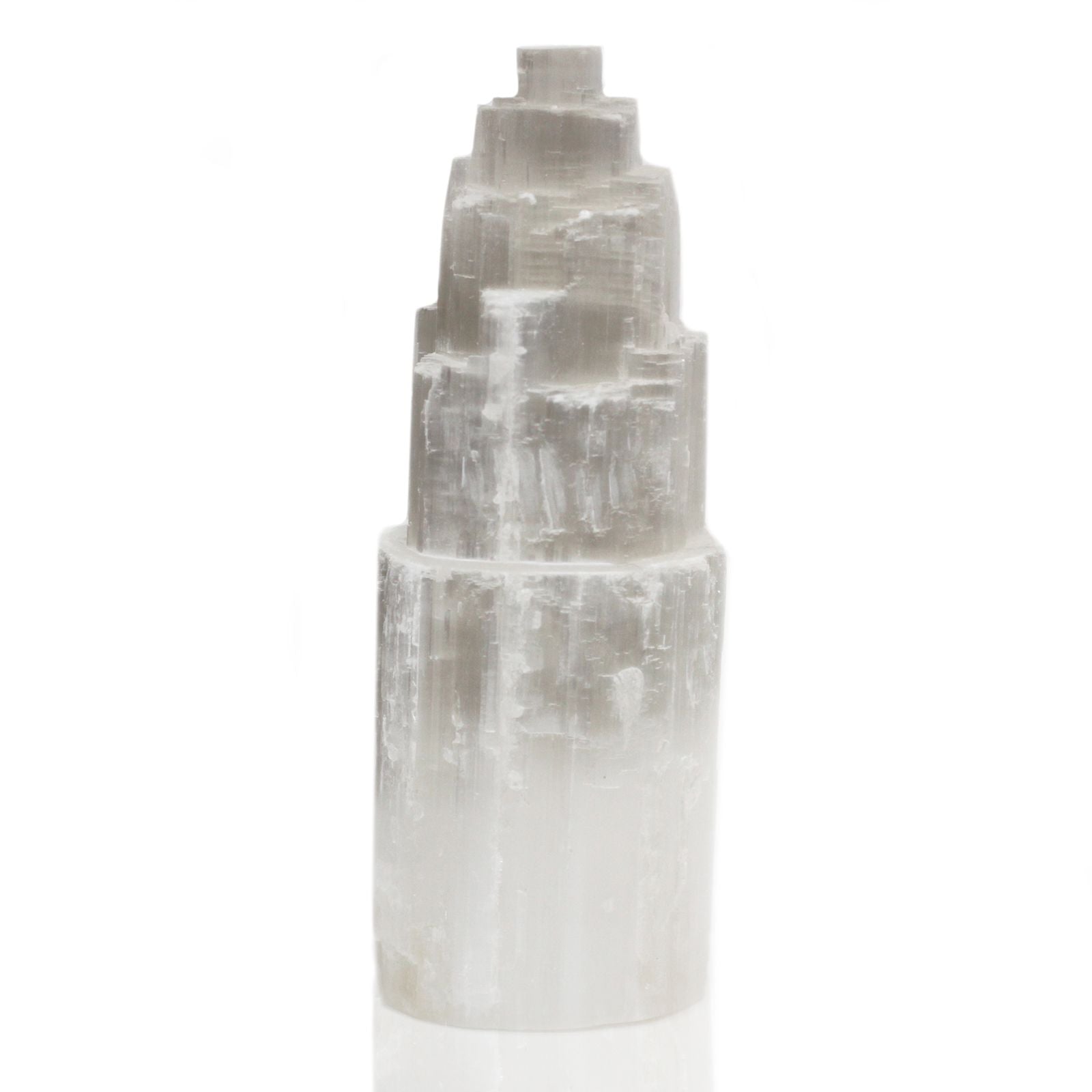 Tall natural white selenite crystal tower lamp with a glowing translucent finish and rugged textured surface.