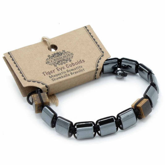 Magnetic black hematite bead shamballa bracelet featuring unique tiger eye stone cubes and a sleek adjustable cord.