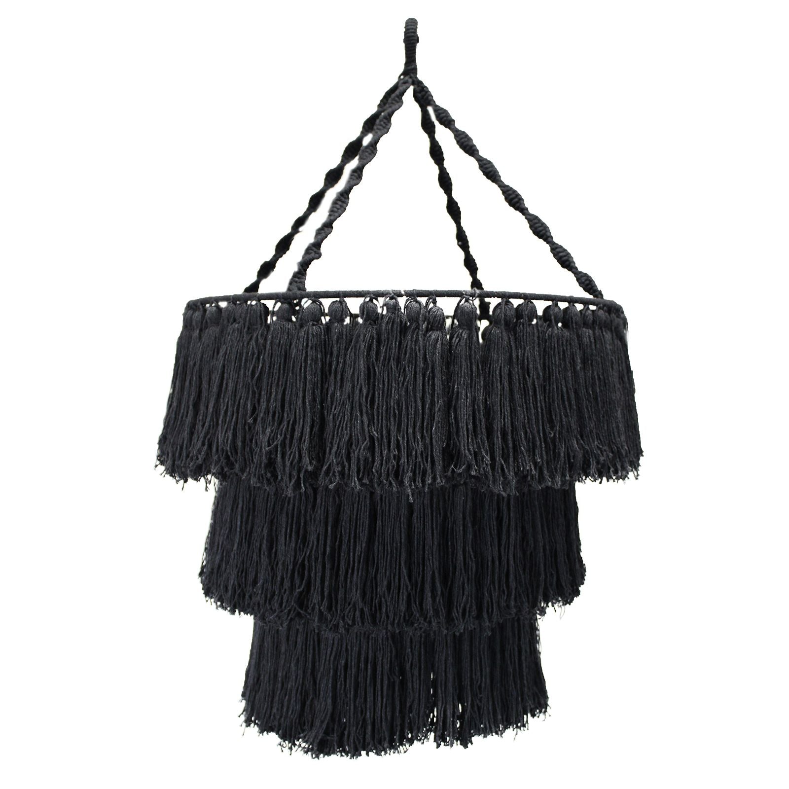 Elegant hand-woven black macrame soft chandelier with intricate bohemian patterns, hanging at eighty centimetres tall.