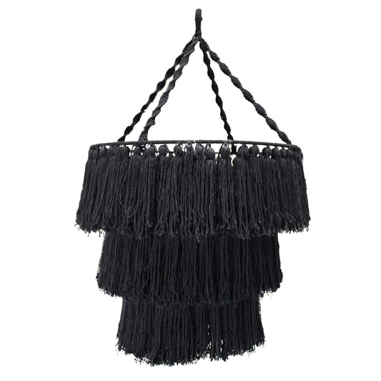 Elegant hand-woven black macrame soft chandelier with intricate bohemian patterns, hanging at eighty centimetres tall.