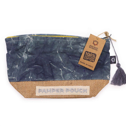Close-up of a textured charcoal grey stonewash cotton pouch with a minimalist design and zip closure.