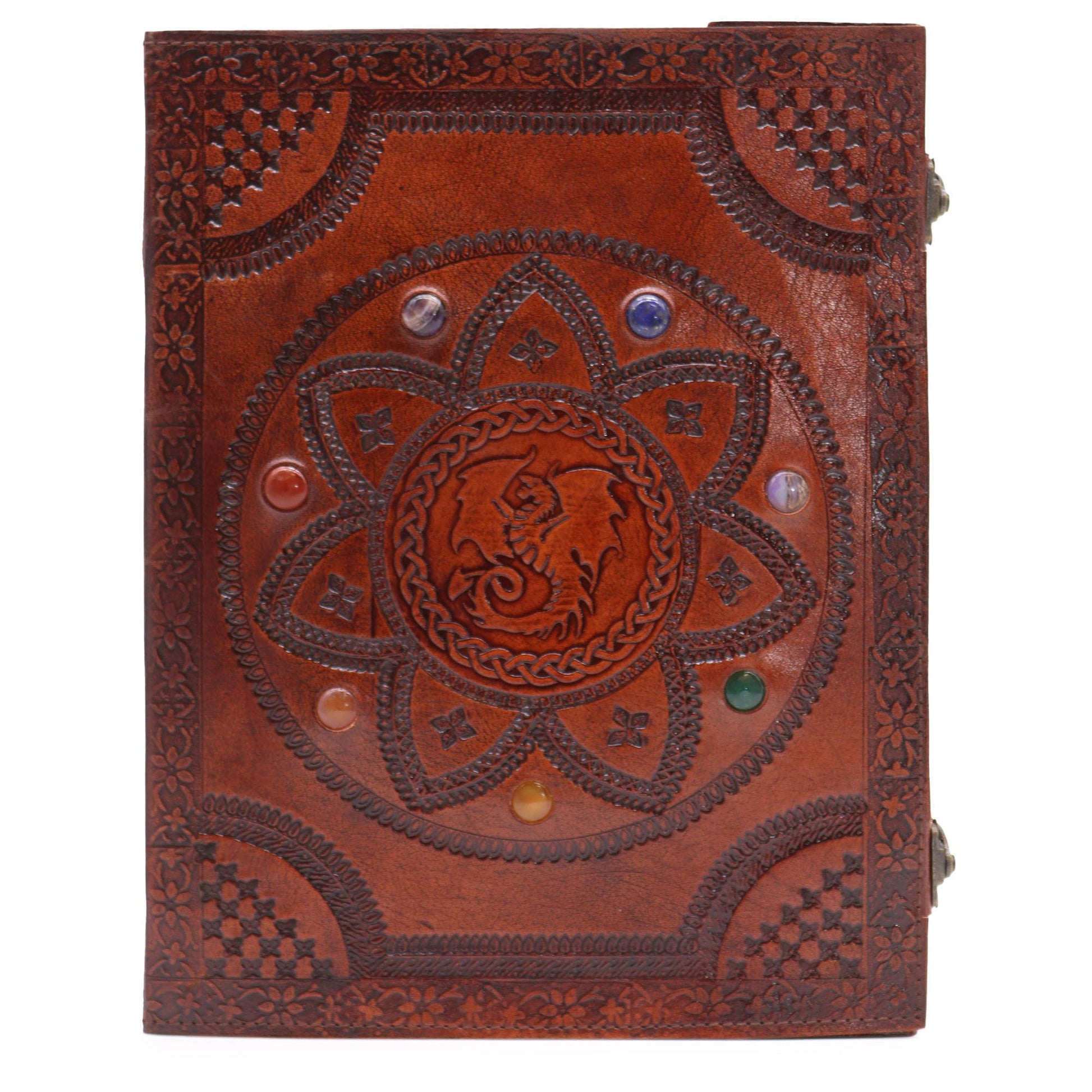 Large vintage-style leather notebook with an embossed dragon mandala and inset colourful chakra stones on the cover.