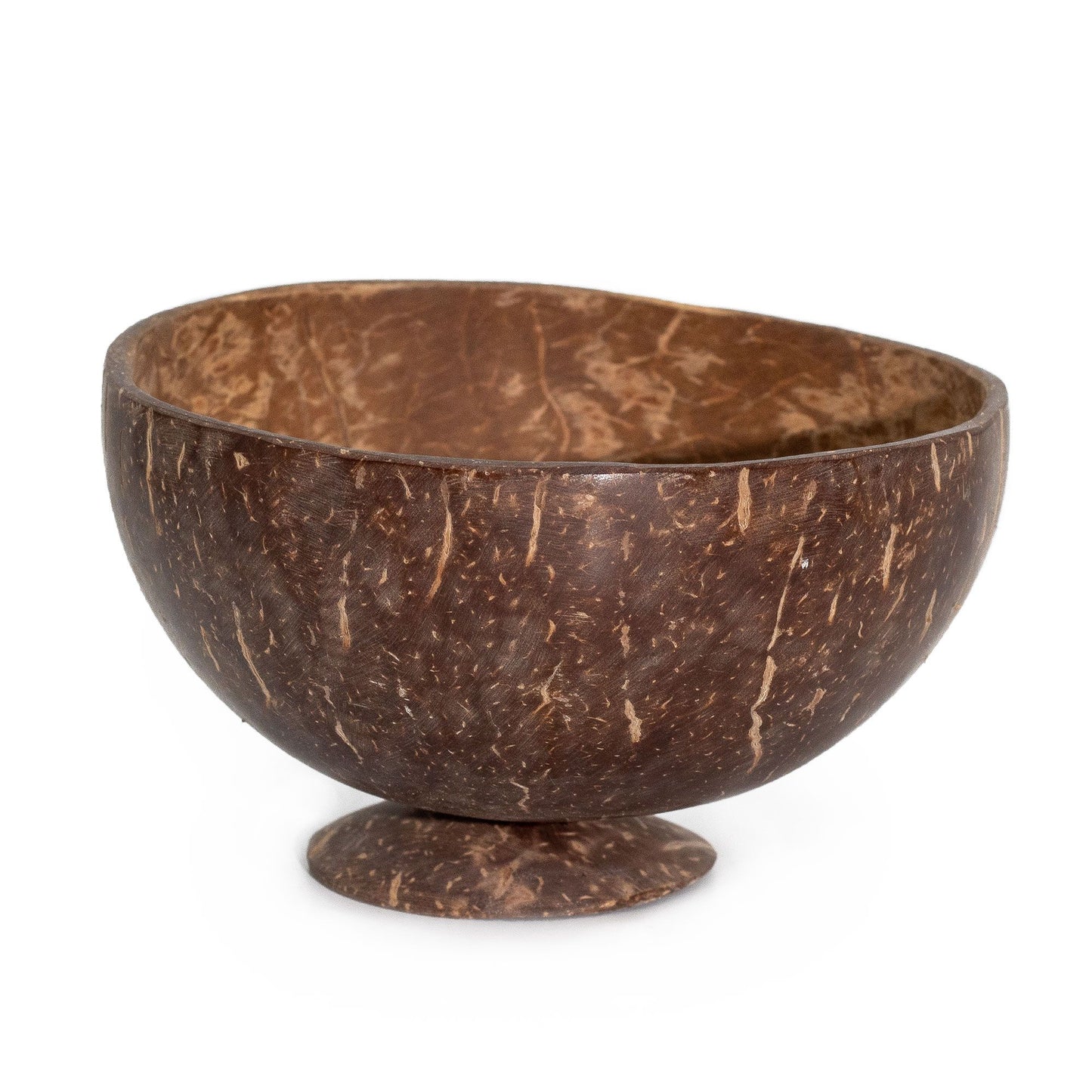 Handcrafted polished natural coconut shell bowl featuring a fixed wooden base stand.