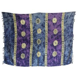 Vibrant purple and teal sarong with a Celtic inspired lucky coins pattern and striped borders.