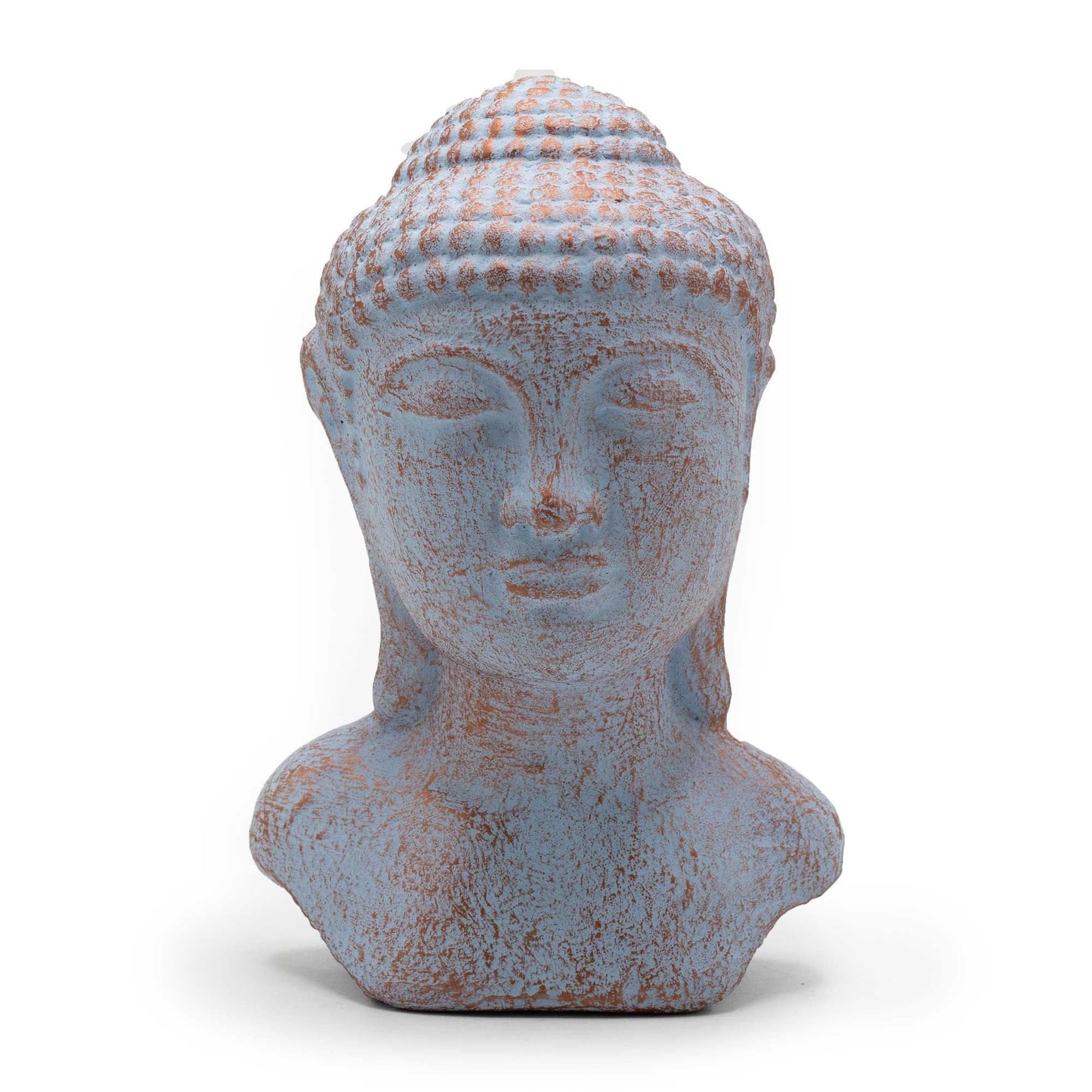 Detailed concrete Buddha head statue with a weathered blue and copper antique finish.