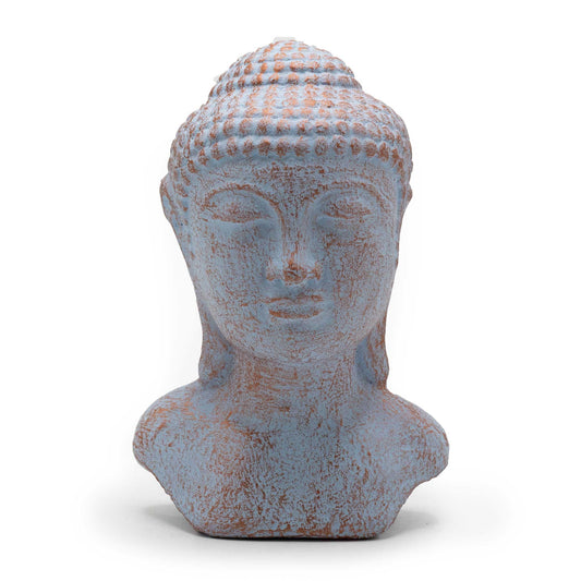 Detailed concrete Buddha head statue with a weathered blue and copper antique finish.