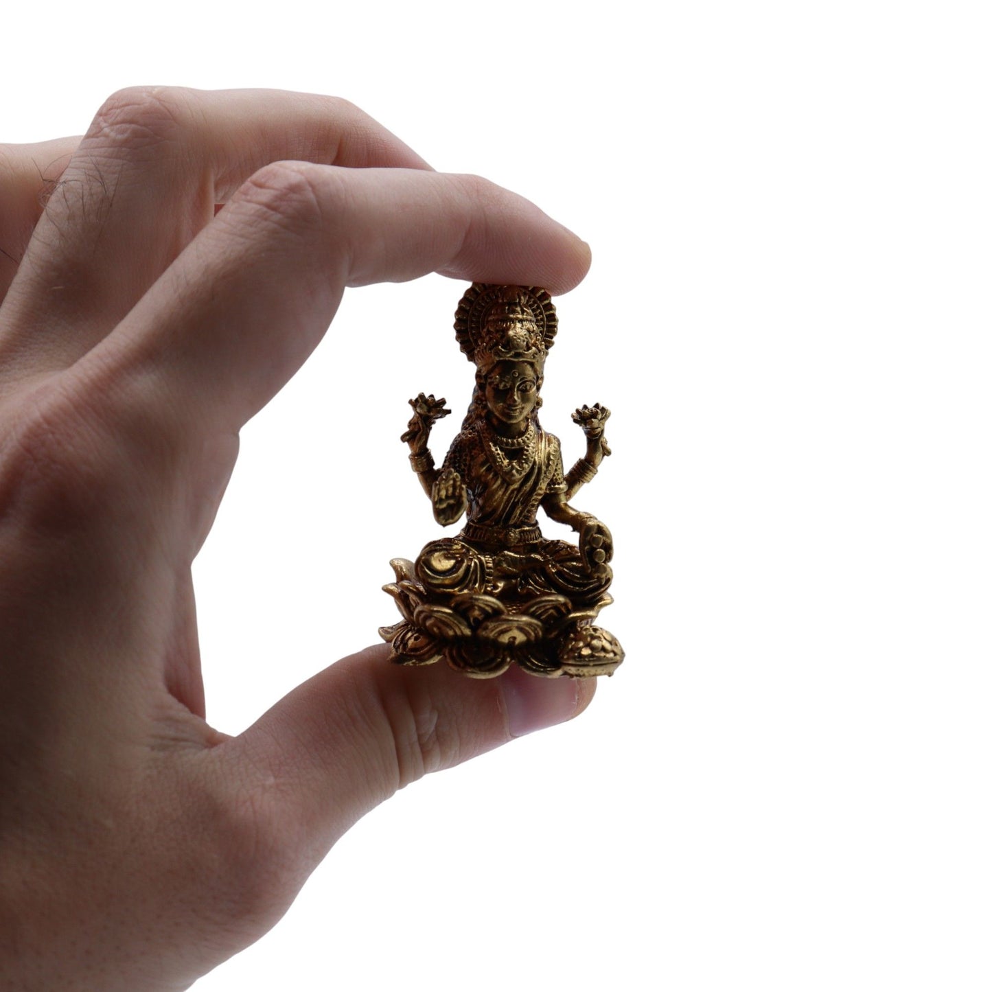 Handcrafted miniature brass statue of Goddess Laxmi with a polished antique finish.