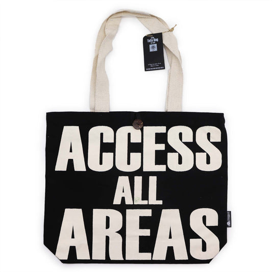 Durable 10oz black and natural cotton tote bag featuring a bold Access All Areas graphic print.