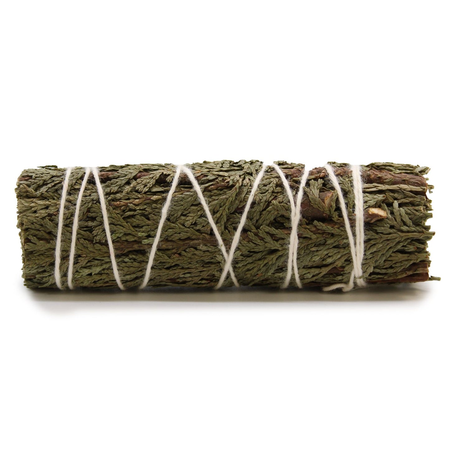 Handcrafted 11cm cedar smudge stick bundle tied with string, showing dried green and brown coniferous needles.