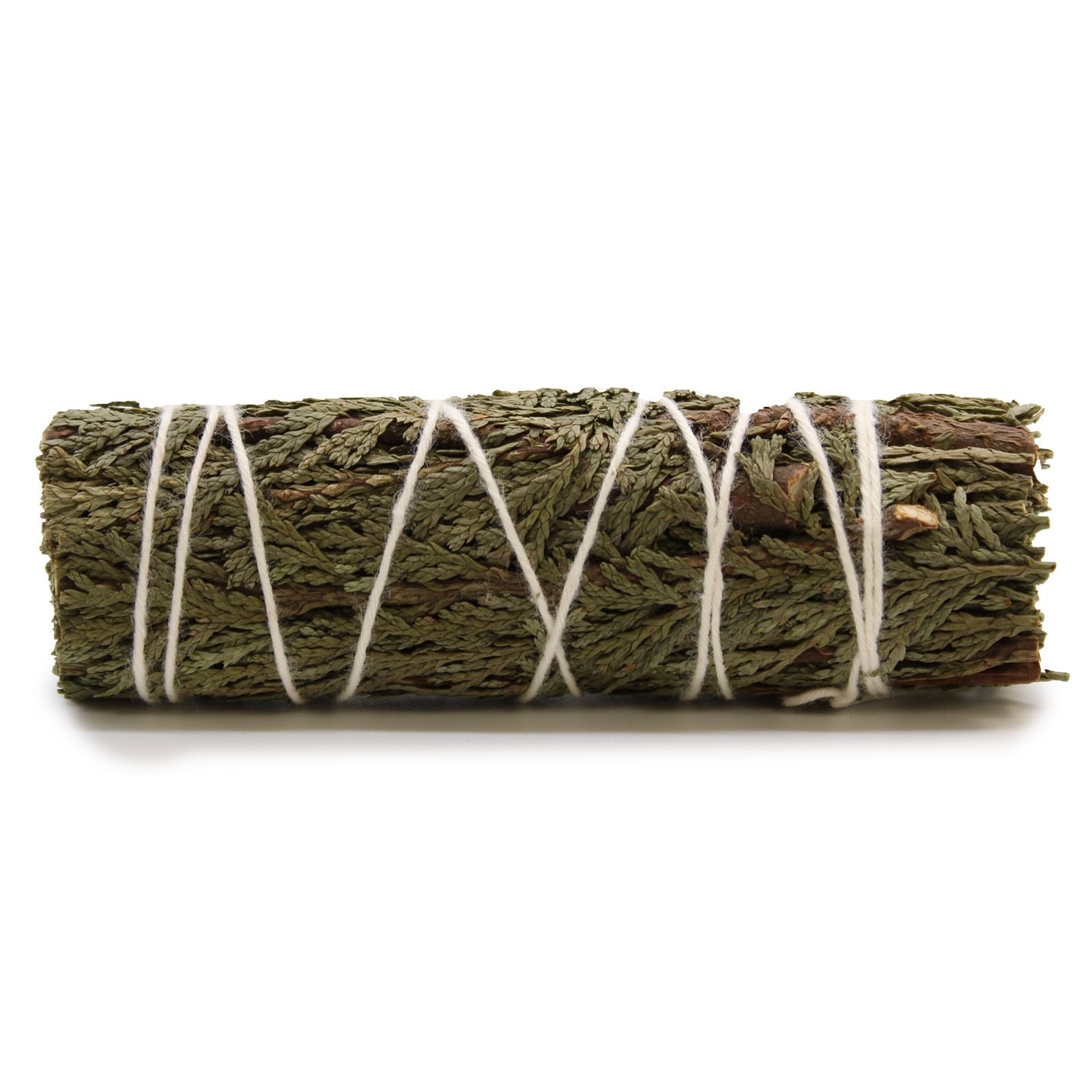 Handcrafted 11cm cedar smudge stick bundle tied with string, showing dried green and brown coniferous needles.