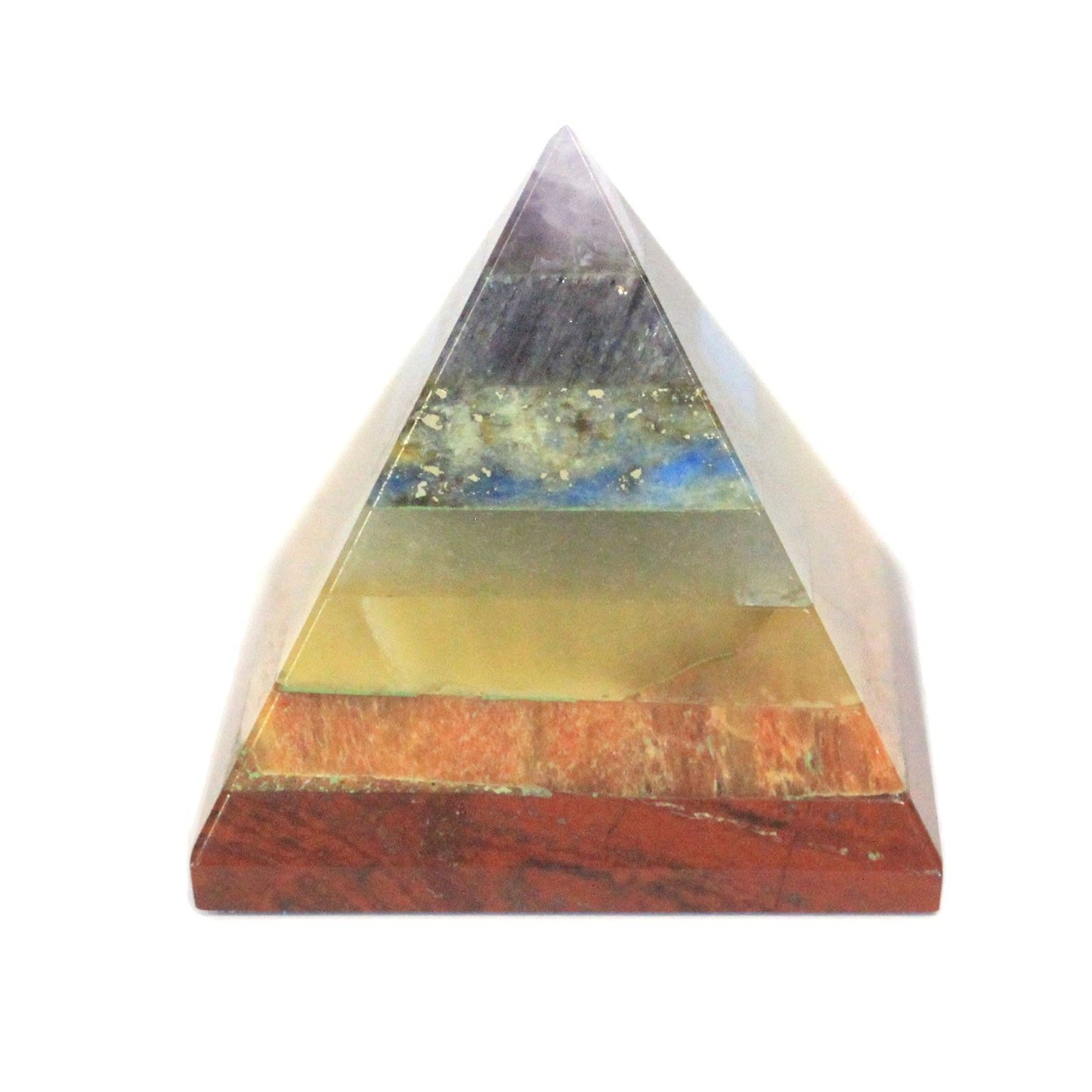 Handcrafted gemstone pyramid featuring seven layers of different coloured stones representing each of the chakras.