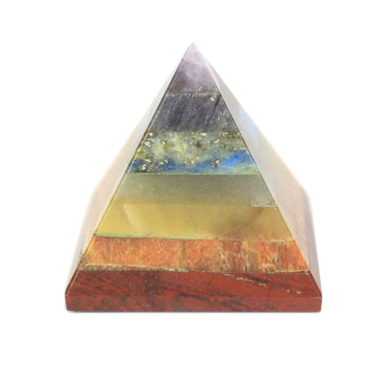 Handcrafted gemstone pyramid featuring seven layers of different coloured stones representing each of the chakras.